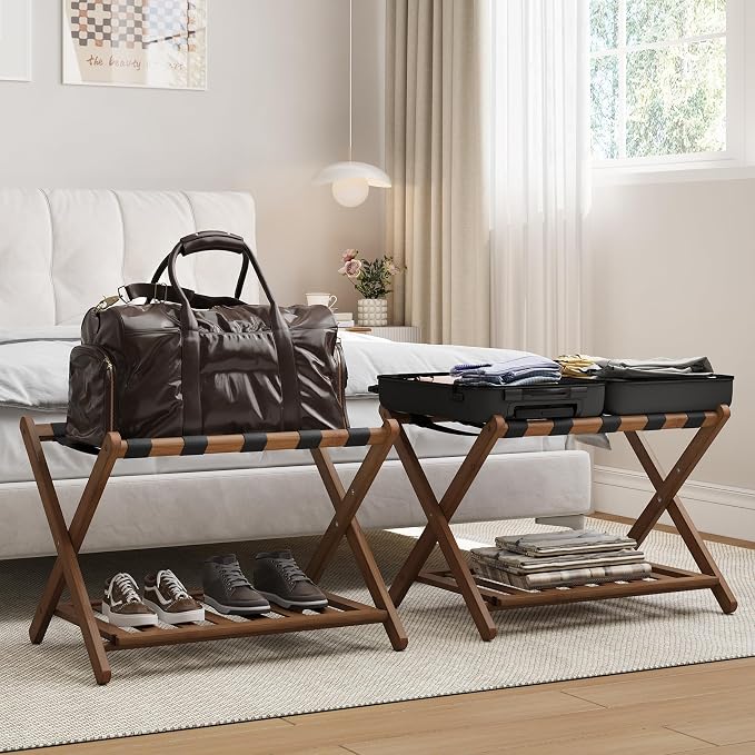 Smart FENDEE Set of 2 Fully Assembled 26.77" Dark Walnut Luggage Racks with Foldable Shoe Shelf, 5 Heavy-Duty Straps Bamboo Suitcase Stand, Luagge Holders for Guest Room Bedroom, Hotel by SmartFENDEE