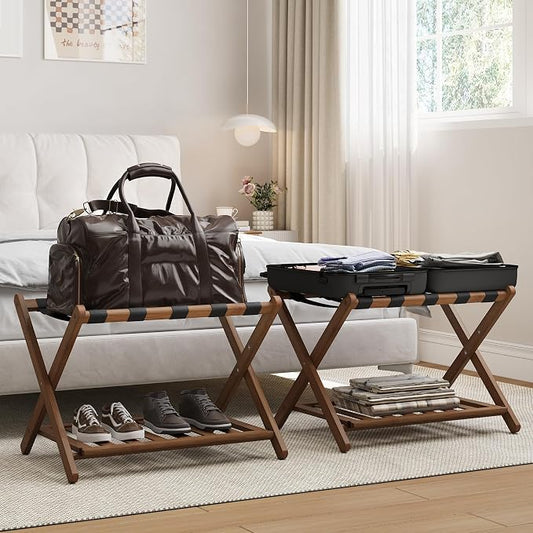 Smart FENDEE Set of 2 Fully Assembled 26.77" Dark Walnut Luggage Racks with Foldable Shoe Shelf, 5 Heavy-Duty Straps Bamboo Suitcase Stand, Luagge Holders for Guest Room Bedroom, Hotel by SmartFENDEE