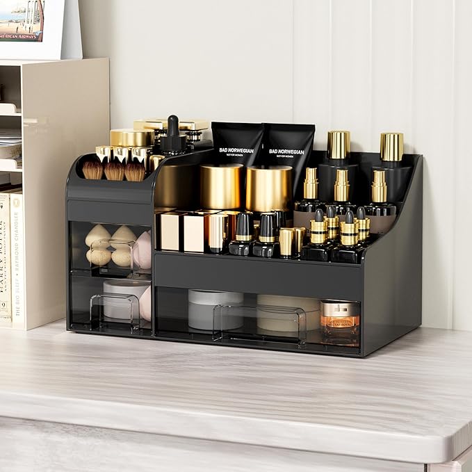 Extra Large Makeup Organizer for Vanity,Countertop Organizer with Drawers and Brush Holder,Men’s Cologne Organizer for Bathroom,Cosmetic Skin Storage for Lipsticks,Nail Polish & Shaving Lotion,Black - Image 3