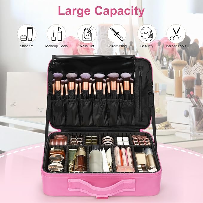 Relavel Makeup Case Large Makeup Bag Professional Train Case Travel Cosmetic Organizer Brush Holder Waterproof Makeup Artist Storage Box, 3 Layer Large Capacity, with Adjustable Strap, Rose Pink - Image 4
