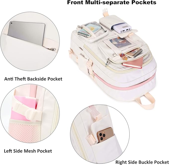 LXYGD Laptop Backpacks 16 Inch School Bag College Backpack 3 PCS with Lunch Box Pencil Pouch Set Large Travel Daypack Kawaii Bookbags for Teens Girls Women Students (Off-white) - Image 3