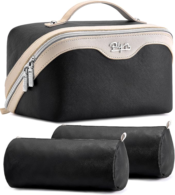 BOYATU Travel Makeup Bag Organizer Cosmetic Bag: 3 Pcs Set Make up Bags for Women with Handle - Waterproof Vegan Leather Toiletry Bags Travel Essentials Pouch with Compartments (A-01-Black) by BOYATU