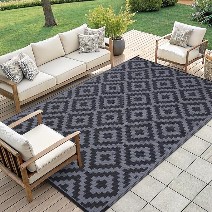 Smiry Waterproof Outdoor Rug 9x12 ft, Reversible Plastic Straw Patio Camping Rugs, Outdoor Indoor RV Mat Carpet for Patio, Outside Entry, Backyard, Deck, Bench, Picnic, Camper, Black & Grey - Image 7