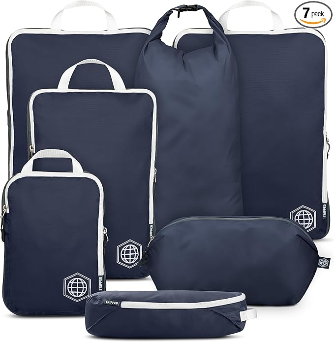 Large Compression Packing Cubes for Travel-Packing Cube Luggage Organizers 7 Piece Set for Checked Luggage-Ultralight, Expandable/Compression Bags by TRIPPED Travel Gear (Navy/White) by TRIPPEDTravelGear