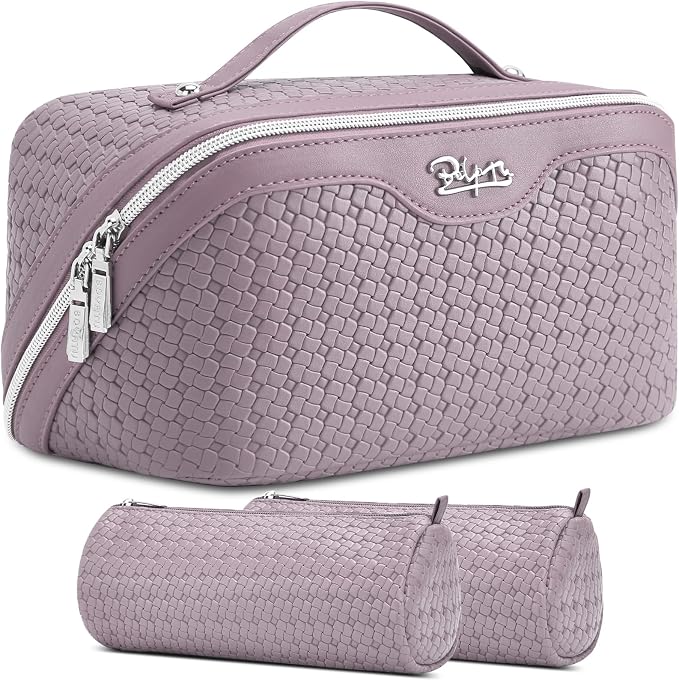 BOYATU Travel Makeup Bag Cosmetic Bags for Women: Large Capacity 3 Pcs Set Make up Bag with Compartments - Waterproof Vegan Leather Toiletry Organizer Bags with Handle (L55Light Purple) by BOYATU