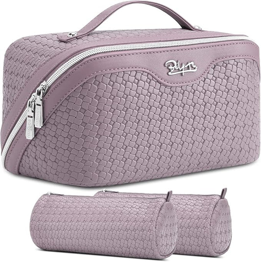 BOYATU Travel Makeup Bag Cosmetic Bags for Women: Large Capacity 3 Pcs Set Make up Bag with Compartments - Waterproof Vegan Leather Toiletry Organizer Bags with Handle (L55Light Purple) by BOYATU