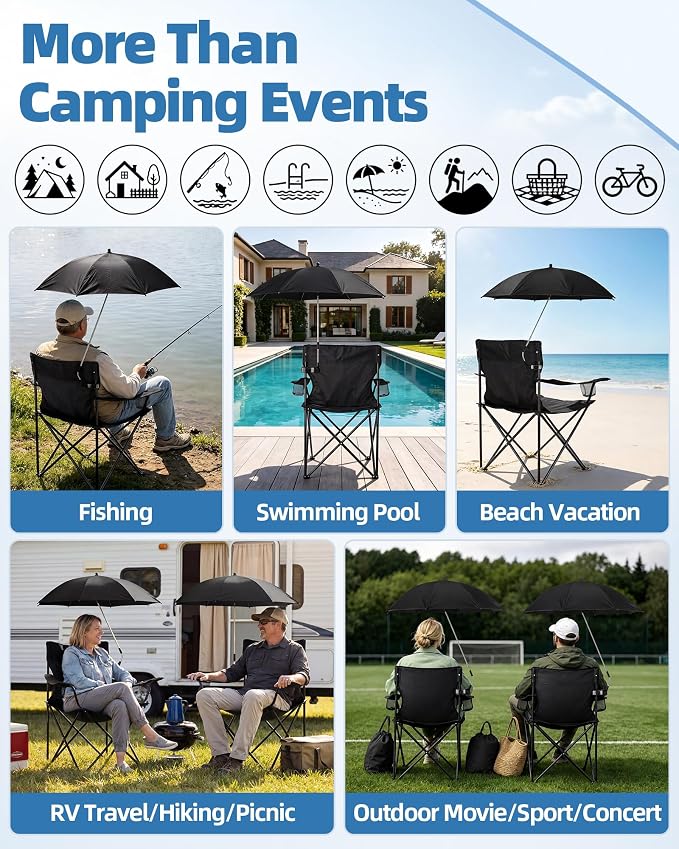 2PCS Camping Chairs with Detachable Umbrella, HaSteeL Folding Beach Chair for Adults, Large Portable Foldable Chair for Outdoors Fishing Hiking Travel Picnic Lawn, Supports 275lbs, Storage Bags, Black - Image 5