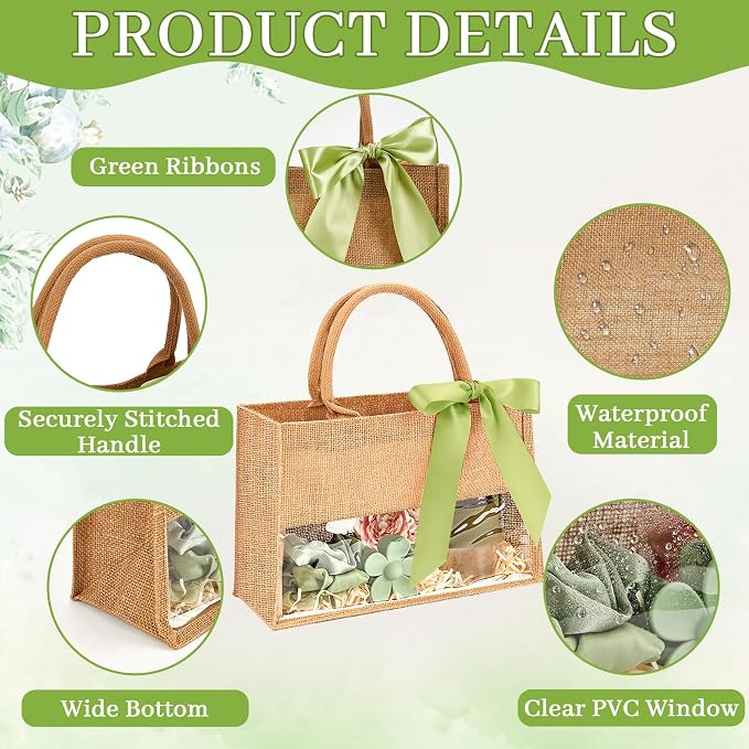 gisgfim 8 Pack Burlap Tote Bags Bachelorette Gift Bag with Clear PVC Window and Sage Green Ribbon DIY Bridesmaids Gift Bag Reusable Grocery Bags with Handle for Wedding Beach Shower Party - Image 3