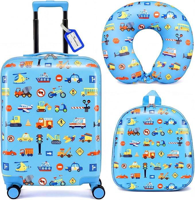 Sanwuta 4 Pcs Kids Luggage Set Back to School Gifts for Girls Boys Carry On Rolling Suitcase Backpack Neck Pillow Travel Set(18 Inch,Car Style,Blue) by Sanwuta