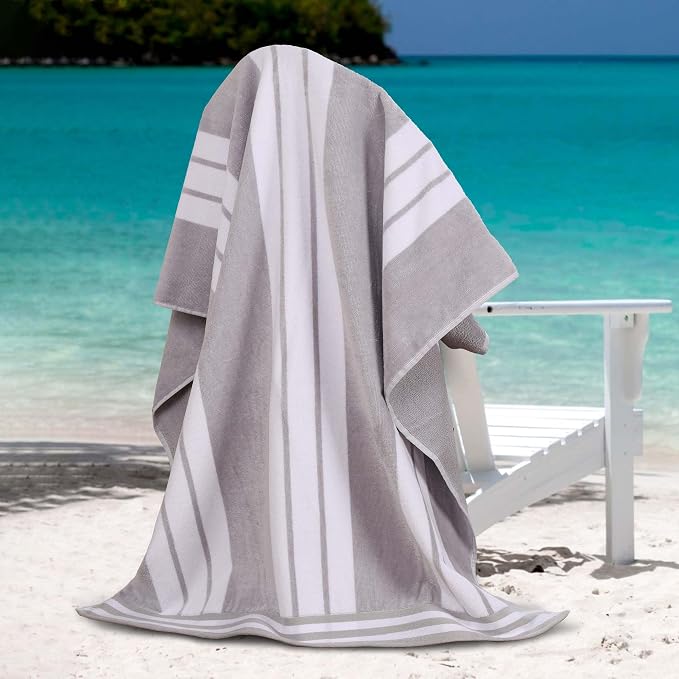 Superior Oversized Cotton Beach Towel Set of 4, Absorbent Towels for Bathroom, Beach, Pool, Swim, Adults, Kids, Vacation, Travel, Bath, Quick Dry Basics, Trip Essentials, Striped Decor, Light Grey by SUPERIOR