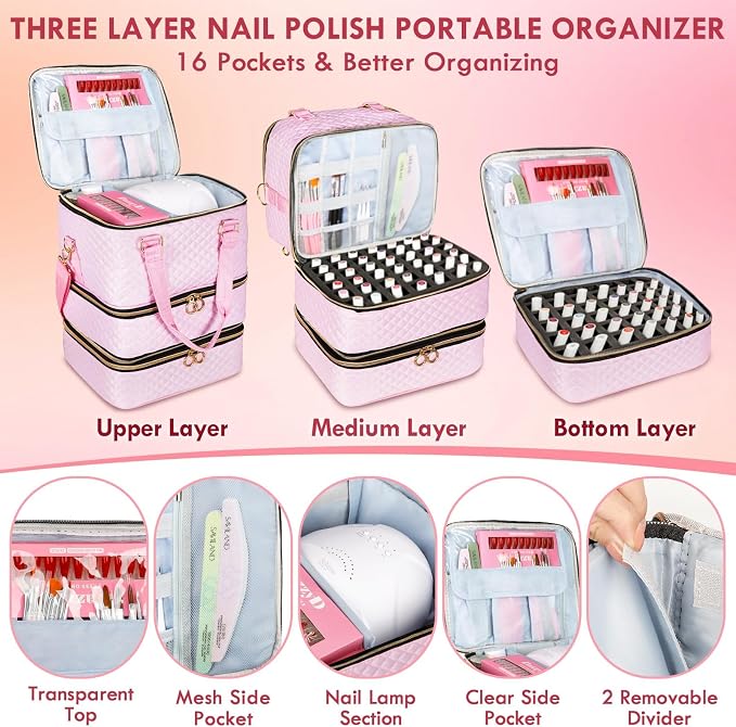 Nail Polish Organizer Bag Hold 84 Bottles(15ml/0.5 fl.oz), 3 Layers Nail Kit Supplies Organizer Bag Travel, Nail Organizers and Storage Case with Holder & Shoulder Strap, pink - Image 2