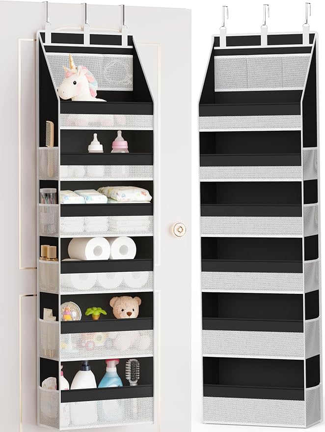 Criusia Over the Door Organizer, Heavy-Duty 6-Shelf Hanging Storage with 13 Mesh Pockets, 55lbs Capacity Behind the Door Storage for Nursery, Bathroom, Bedroom, and Dorm, Black by Criusia