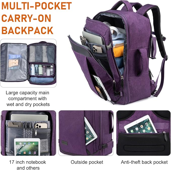 LOVEVOOK Carry on Backpack, 45L Large Travel Backpack for Women Airline Approved, Expandable Large Suitcase Backpacks With 4 Packing Cubes, Aer Travel Pack 3, Water Resistant Weekender Bag - Image 4