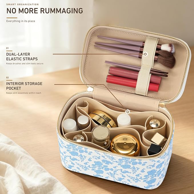 Makeup Bag Travel Toiletry Leather Cosmetic Case, Waterproof Makeup Organizer with Brush Holder, Wipe Clean Removable Divider Vanity Train Bag for Women, Vintage Blue - Image 4