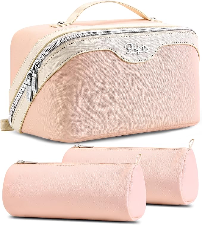 BOYATU Travel Makeup Bag Organizer Cosmetic Bag: 3 Pcs Set Make up Bags for Women with Handle - Waterproof Vegan Leather Toiletry Bags Travel Essentials Pouch with Compartments (A-09-Pink) by BOYATU