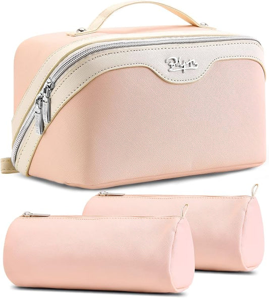 BOYATU Travel Makeup Bag Organizer Cosmetic Bag: 3 Pcs Set Make up Bags for Women with Handle - Waterproof Vegan Leather Toiletry Bags Travel Essentials Pouch with Compartments (A-09-Pink) by BOYATU