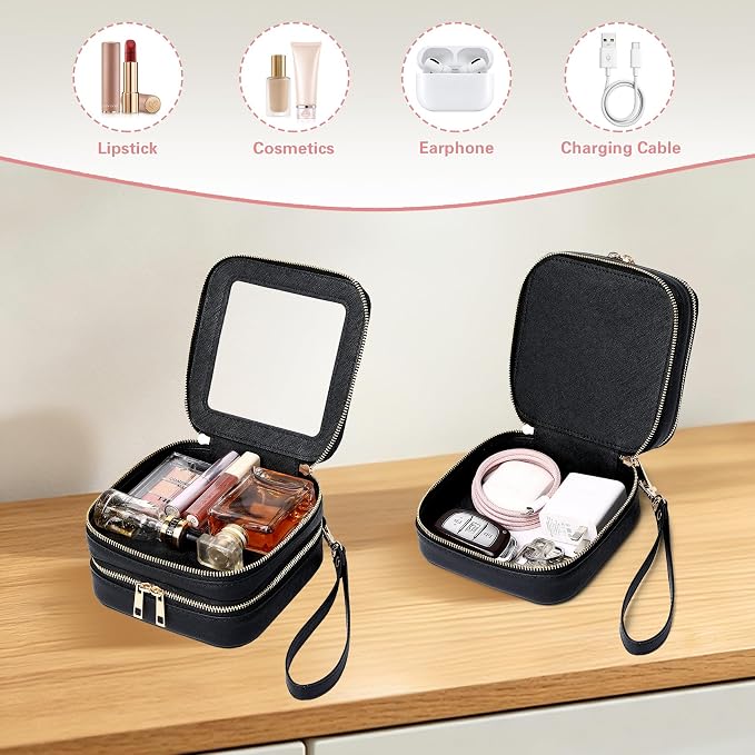 Pinkmik Double Layer Makeup Bag Small Clear Makeup Pouch Mini Travel Cosmetic & Toiletry Bag Purse Organizer and Car Essentials for Women (Black, 2-Layer MINI) - Image 3