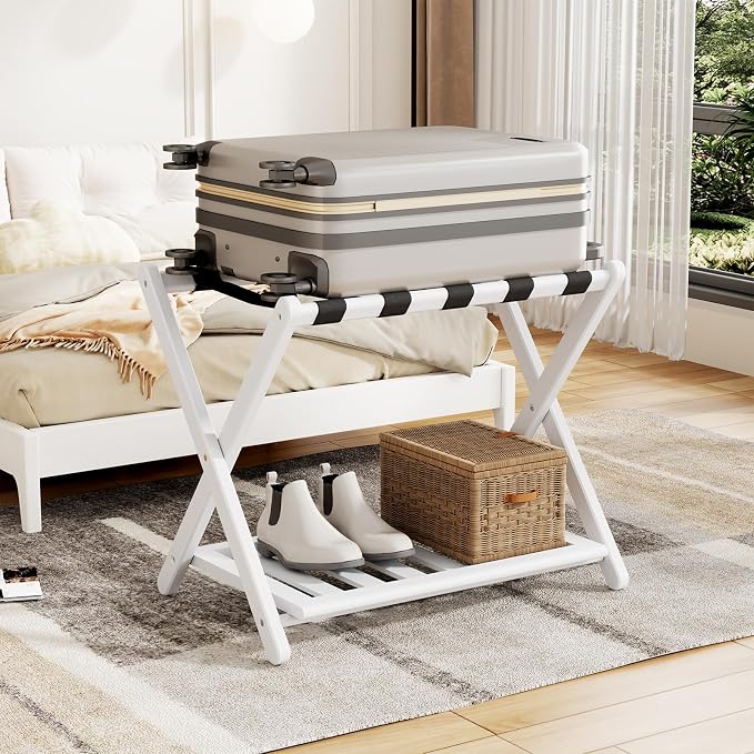 Luggage Rack for Guest Room - 1 Pack 26.77" L Full Assembled Luggage Rack Stand for Suitcases, Foldable Luggage Holder with Shoe Shelf for Bedroom, Hotel (White Bamboo Suitcase Stand) by OakvoraComfortableStyle