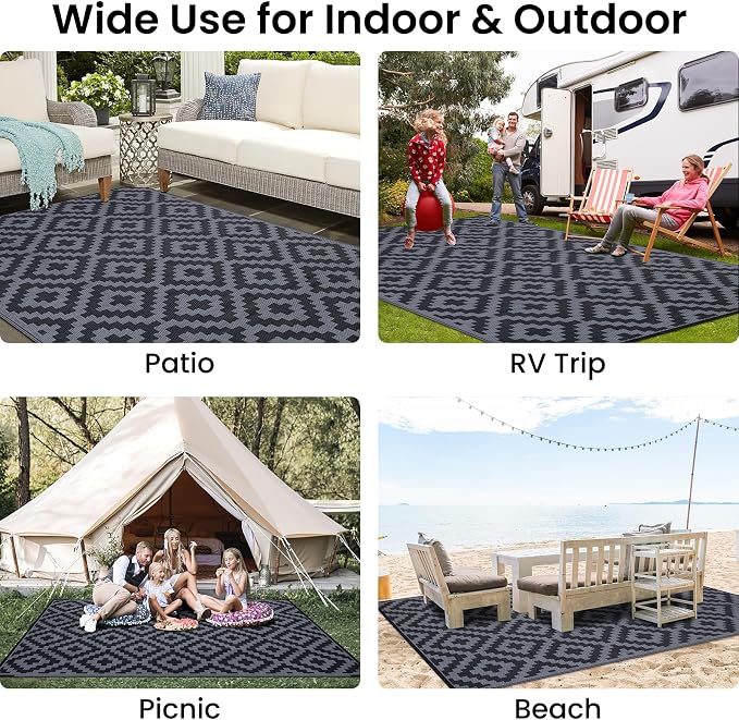Smiry Waterproof Outdoor Rug 6x9 ft, Reversible Plastic Straw Patio Camping Rugs, Outdoor Indoor RV Mat Carpet for Patio, Outside Entry, Backyard, Deck, Bench, Picnic, Camper, Black & Grey - Image 8