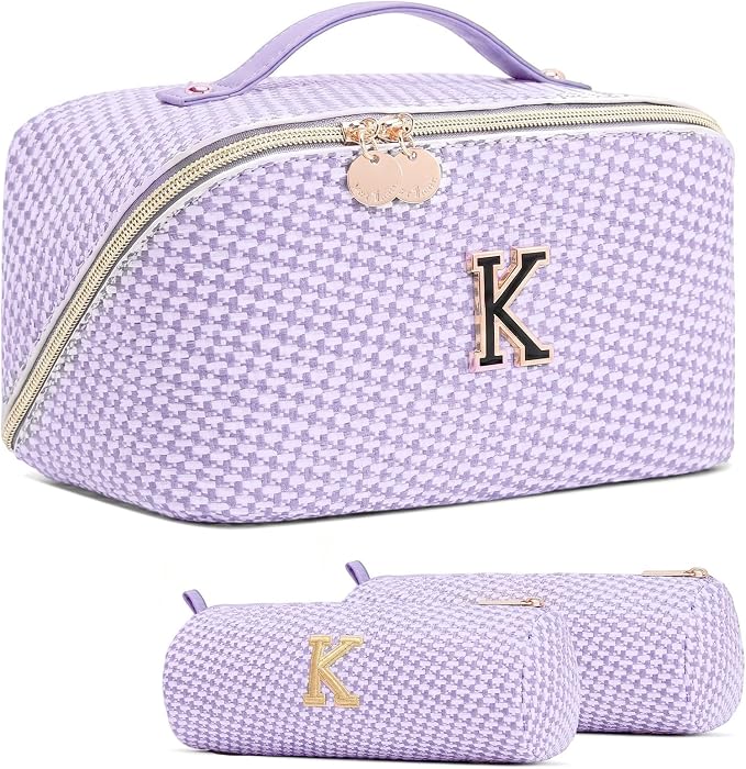 Personalized Gift Travel Makeup Bag: Initial Makeup Organizer Bag for Women | 3-in-1 Custom Make up Bag Set - Vegan Leather Travel Cosmetic Bag - Luxury Gift for Women – Birthday, Anniversary, Graduation by Unknown