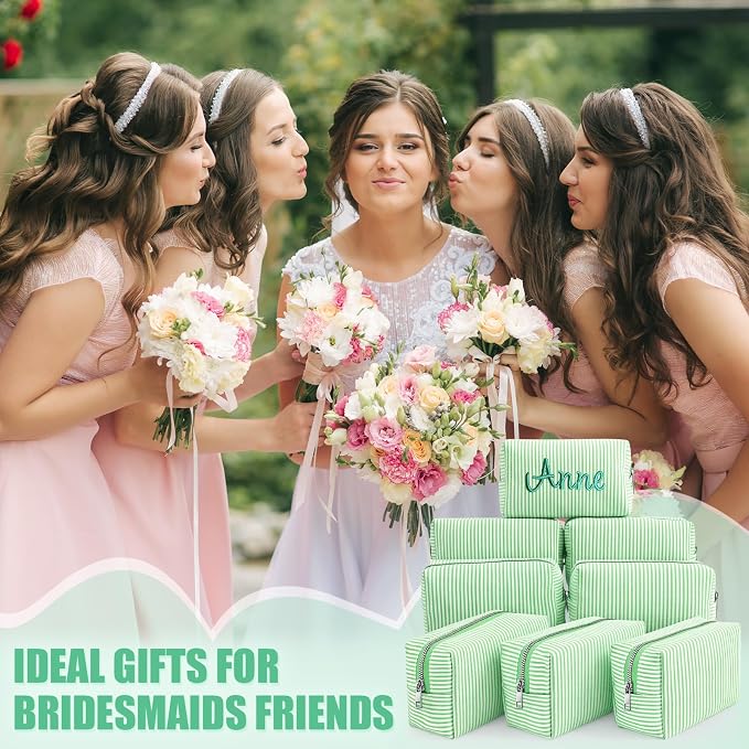 Giesiery 8 Pcs Seersucker Makeup Bags Striped Cosmetic Bags Bulk Organizer for Women Preppy Travel Toiletry Pouch for Wedding Bridesmaid Gifts (Green, Medium) - Image 5
