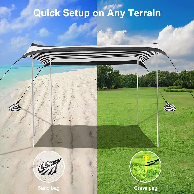 Beach Tent, Beach Canopy Sun Shade UPF 50+, Portable 10×10 FT Camping Sun Shelter with Sandbags, Poles, Ground Pegs and Anti-Wind Ropes for Outdoor, Backyard, Picnics, Fishing-Black Stripe - Image 4