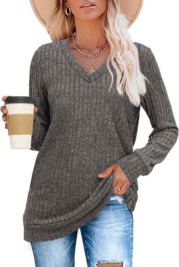 Sampeel V Neck Long Sleeve Shirts for Women Casual Fall Tops Lightweight Tunic Sweaters Fashion Clothes Loose Fit 2025