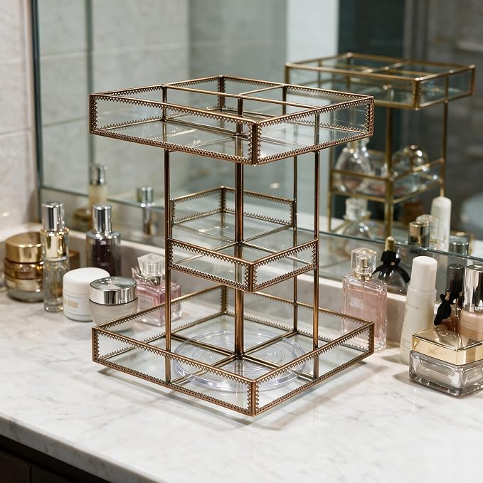 360 Rotating Glass Makeup Organizer | Spinning Vanity Cosmetic Storage, Multi-Layer Compartments, Luxury Countertop, For Skincare, Perfume, Cosmetics - Image 3