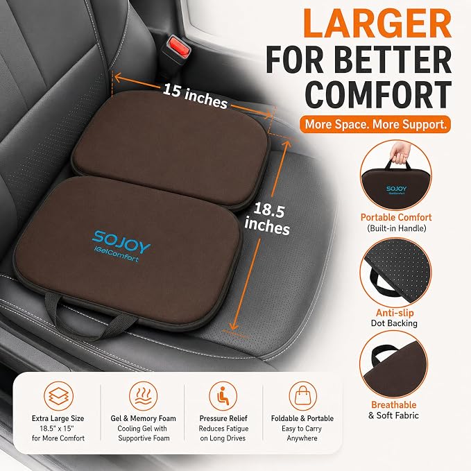Sojoy 3-in-1 Foldable Gel Seat Cushion with Memory Foam Ergonomic Portable Cushion for Back Pain & Tailbone Relief - Perfect for Office Chair, Airplane Travel & Stadium Seats (18.5" x 15" x 2" Brown) - Image 3