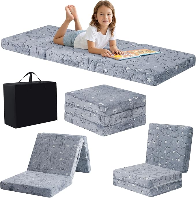 MeMoreCool Glow Dinosaur Kids Foldable Floor Mattress Trifold, 63x26 Inch | Glow dinosaur trifold futon for daycare, playroom, camping and travel rest by MeMoreCool