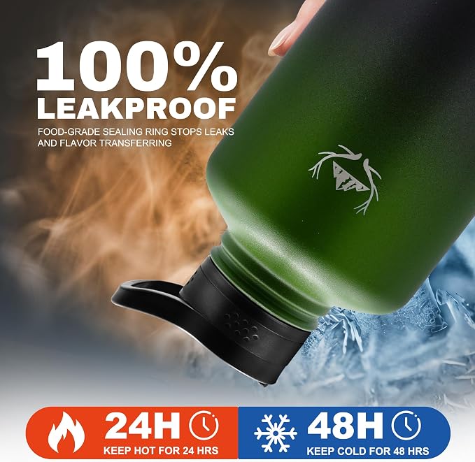 NATURE PIONEOR 64 oz Insulated Water Bottle with Carrier Bag & 3 Lids | 18/8 Food-grade Stainless Steel, Double Vacuum Insulation, 3 Leak-proof Lids, Strap, Camping, Hiking, Gym, Work - Image 3