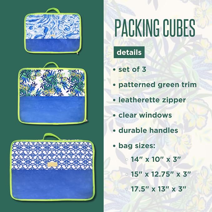 Lilly Pulitzer Packing Cubes Set of 3, Blue and Green Prints | Resort Ready Polyester & Mesh Suitcase Luggage Organizers in 3 Sizes with Zipper Closures, Trim, & Handles for Travel - Image 2