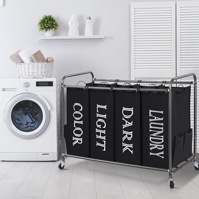 STORAGE MANIAC Laundry Sorter 4 Section, 47.5 Gal (180 L) Laundry Hamper with Wheels, Clothes Divider Basket Sorter, Separator Hamper Cart with Removable Bags, Label Black - Image 6