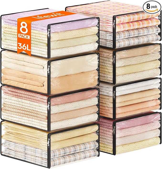 Lifewit 36L Clear Sheet Storage Bags with Zipper 8 Pack, Plastic Sweater Storage Bins for Clothing, Vinyl Foldable Clothes Containers Organizers for Closet, Blankets, Bedding 17.7 x 15.7 x 7.9 Inch by Lifewit