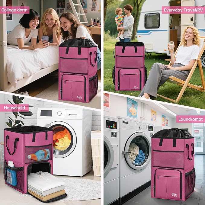170L Laundry Backpack Bag with 3 Sizes Mesh Wash Bags Empty, Extra Large 2 in 1 Laundry Hamper Basket with Shoulder Straps, Freestanding Laundry Bag for College Dorm, Laundromat, Apartment (Pink) - Image 9