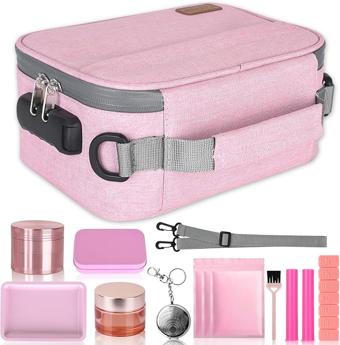 PODAHO Travel Smell Proof Carrier Bag with 10 Accessories, Multi-Use Storage Box Case with Combination Lock, Portable Food Containers Pouch, Great Gift for Women, (Pink Set) by PODAHO