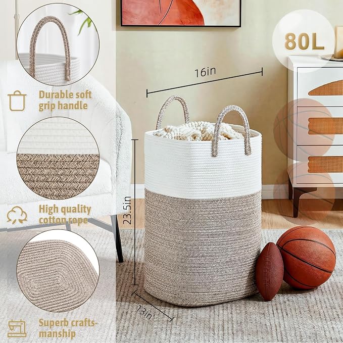 Artfeel Laundry Basket,Woven Cotton Rope Laundry Hamper,60L Versatile Storage for Dirty Clothes,Baby Toys,and Blankets in Bathroom, Nursery,and Living Room - Image 2
