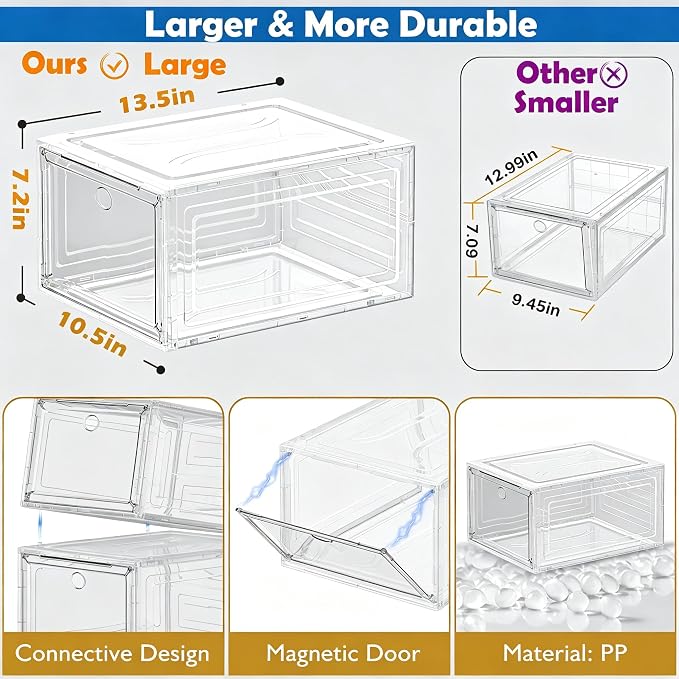 7 code Shoe Organizer, Clear Thickened Stackable Shoe Boxes with Magnetic Door, Collapsible Closet Storage Rack for Sneakers & Boots, 6 Pack White, Virgin Material, Not Recycled Plastic for Household - Image 7