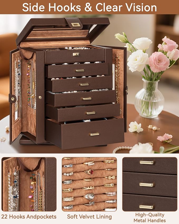 AKOZLIN 6-Tier Jewelry Box Organizer Functional 5 Drawers Leather Jewelry Storage Case for Women Girls Ring Necklace Earring Bracelet Holder Organizer with Mirror XL Brown 360° Rotating - Image 3