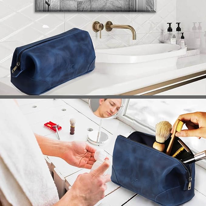 HLC Leather Toiletry Bag for Men - Best Gift for Men - Premium Genuine Leather Dopp Kit Shaving Kit Organizer Travel Kit Pouch Bag for Men - Large Size (blue) - Image 4