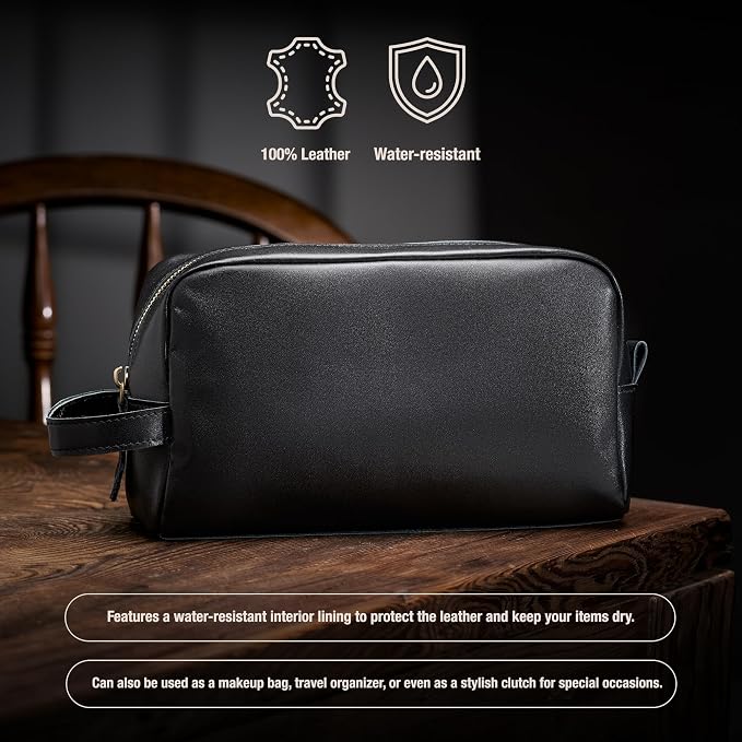 Awesometik Unisex Premium Travel Bag - Toiletries Organizer Case for Grooming, Jewelry - Travel Essentials Shaving Dopp Kit - Geniune Leather Water Resistant Cosmetic Bag For Men, Women (Black) - Image 4