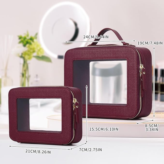 Pinkmik Clear Makeup Bag for Women Waterproof Travel Cosmetics and Toiletries Case Portable Makeup Oaganizer Bag Clear Car Bag with Zipper (X/Burgundy, M+L) - Image 2