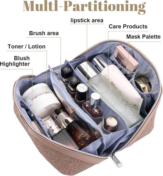 BOYATU Travel Makeup Bags Cosmetic Organizer Bag: 3-Set Large Capacity Make up Bag - PU Leather Toiletry Bags for Women - Wide Open Portable Pouch with Divider & Handle (A-Tan) - Image 3