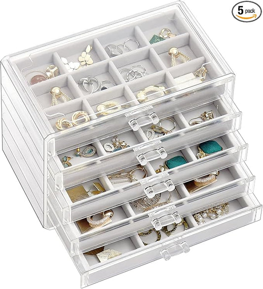 ProCase Earring Holder Organizer Jewelry Box with 5 Drawers, Acrylic Clear Earring Case with Adjustable Velvet Trays for Women - Grey, 5 Layers by ProCase