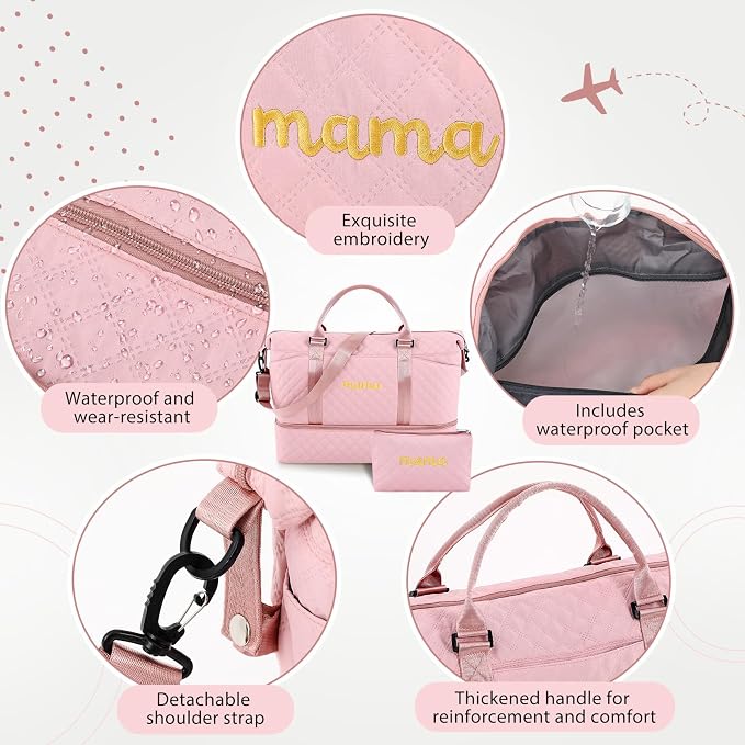 Dansydaisy Mama Hospital Bag for Women Labor Delivery Travel Duffle Bag with Shoe Compartment and Toiletry Pouch Waterproof Letter Embroidered for Pregnancy Weekender Overnight Gym Gift, Pink - Image 4
