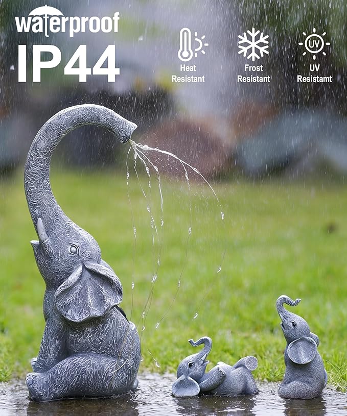 Qeeman Solar Elephant Statue Family Set 3Pcs: IP44 Weatherproof Outdoor Tricolour LED Lights Decor - Paths Patio Backyard Garden Sculpture Ornament for Mom Grandma Women