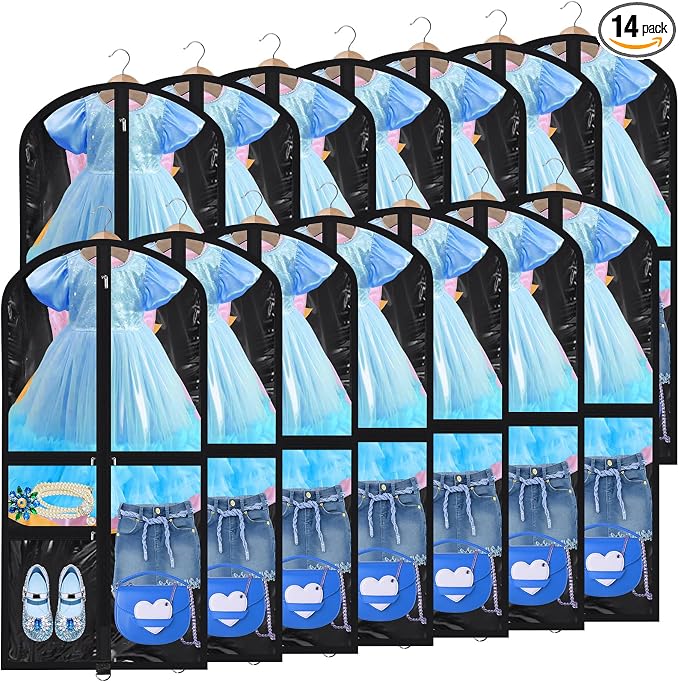 Geelin 14 Pcs Garment Bags for Dance Costumes PVC Clear with Zippers 20 x 40 Inch Garment Bag with Pockets Dance Costume Organizer Carrier for Storage Cover for Adult(Translucent Black) by Geelin