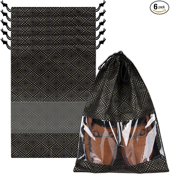 Kuber Industries Shoe Bags | Shoe Bags for Travel | Drawstring Shoe Storage Bags | Storage Organizers Set | Shoe Cover with Transparent Window | Shoe Pouches | Golden Dot-Print | Pack of 6 | Black by Kuber+Industries