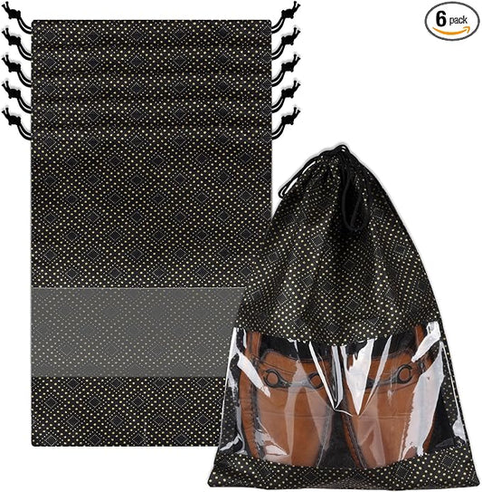 Kuber Industries Shoe Bags | Shoe Bags for Travel | Drawstring Shoe Storage Bags | Storage Organizers Set | Shoe Cover with Transparent Window | Shoe Pouches | Golden Dot-Print | Pack of 6 | Black by Kuber+Industries