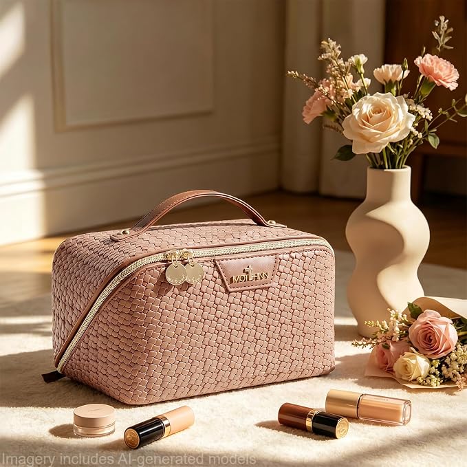 Travel Makeup Bag for Women: Designer 3 Pcs Set Cosmetic Bags for Women - Large Capacity Vagen Leather Hand-made for Toiletry Organizer - Ladies Travel Flat Open Essentials for Luxury (10Brown) - Image 2